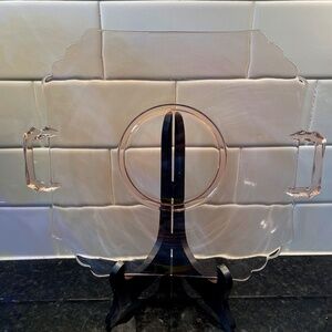 Vintage Pink Pressed Glass Serving Double Handle Platter